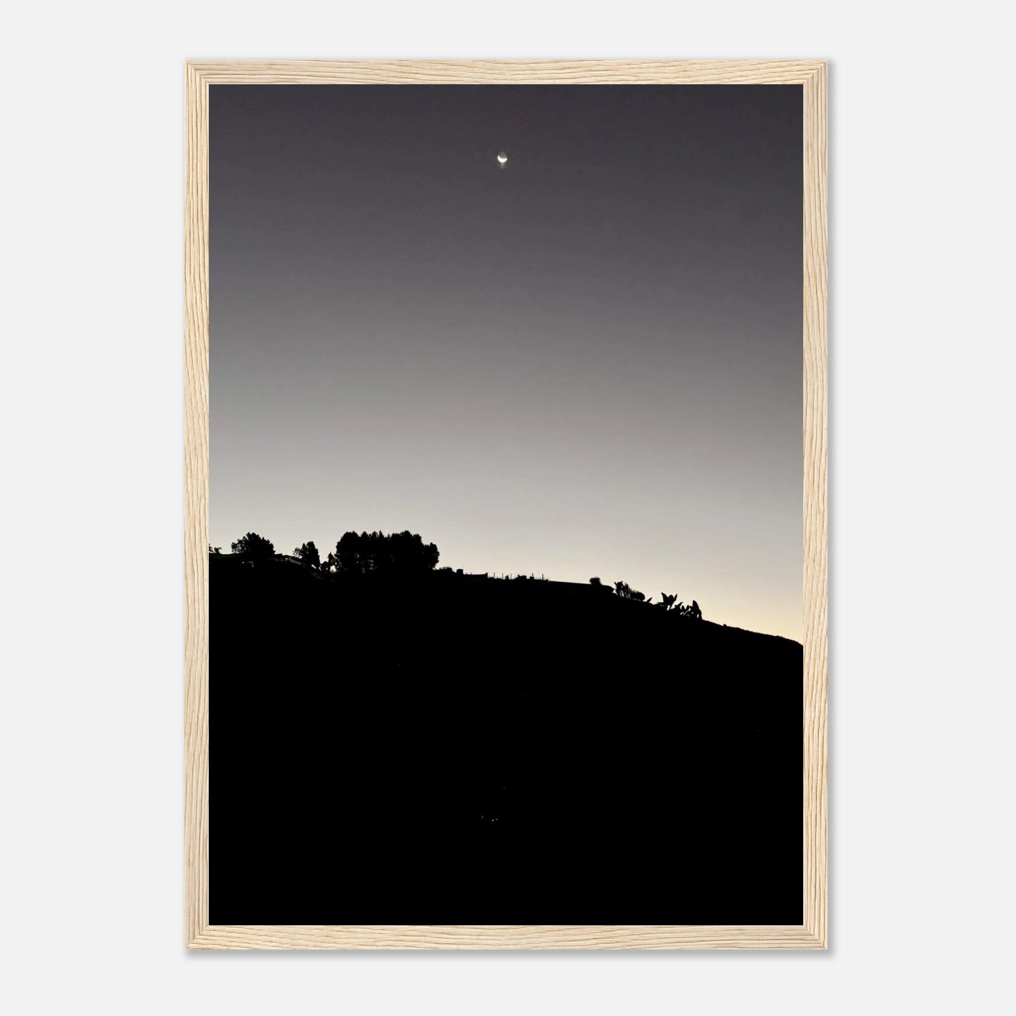 Black and white Hollywood Hills fall moon poster with wooden frame, semi-glossy print, California art studio edition.