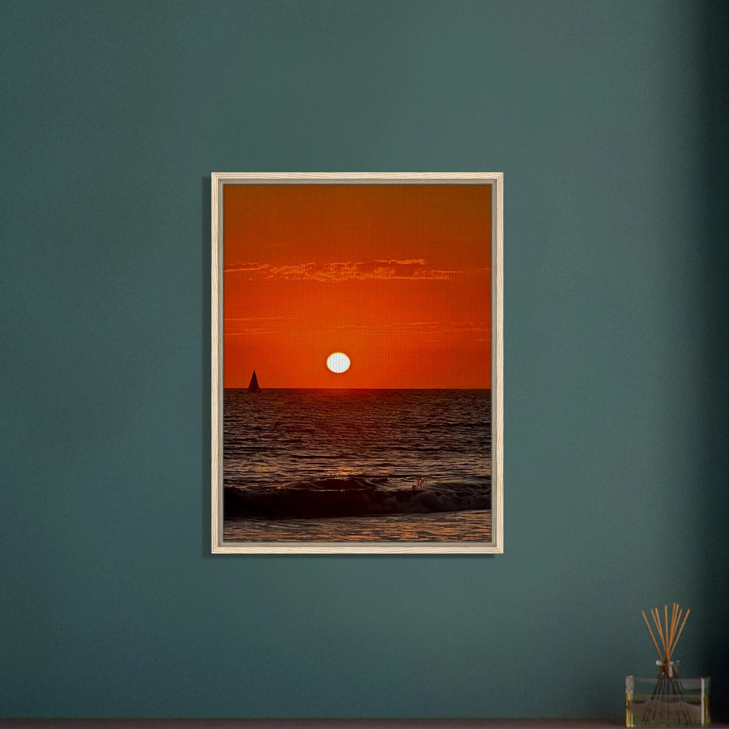 Framed canvas print of California Red Sunset Series 1/3 by CaliCuration, featuring vibrant red sunset hues and artistic studio edition design.