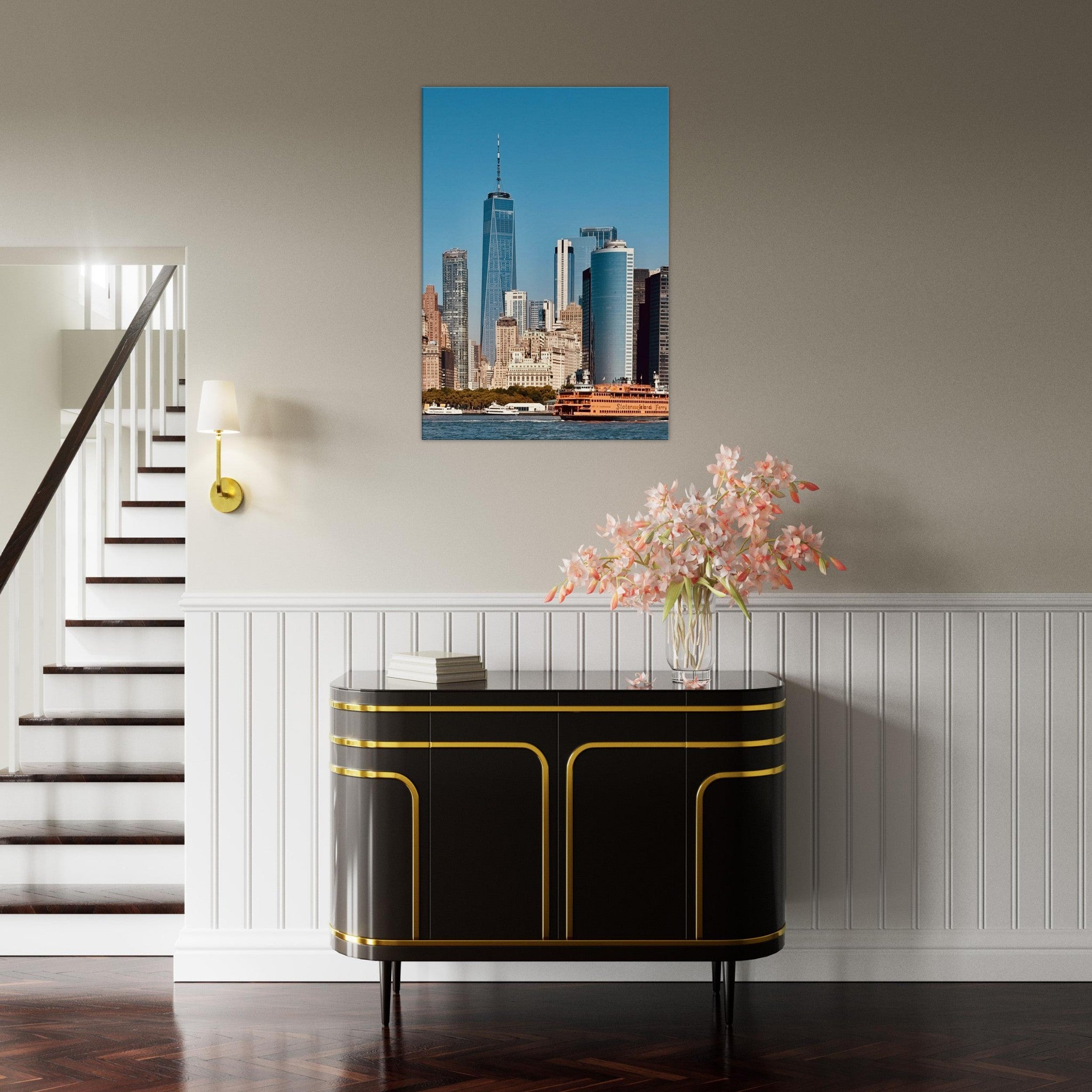 NYC skyline canvas print featuring the World Trade Center and Staten Island Ferry, part of the Travel Collection by My Store.