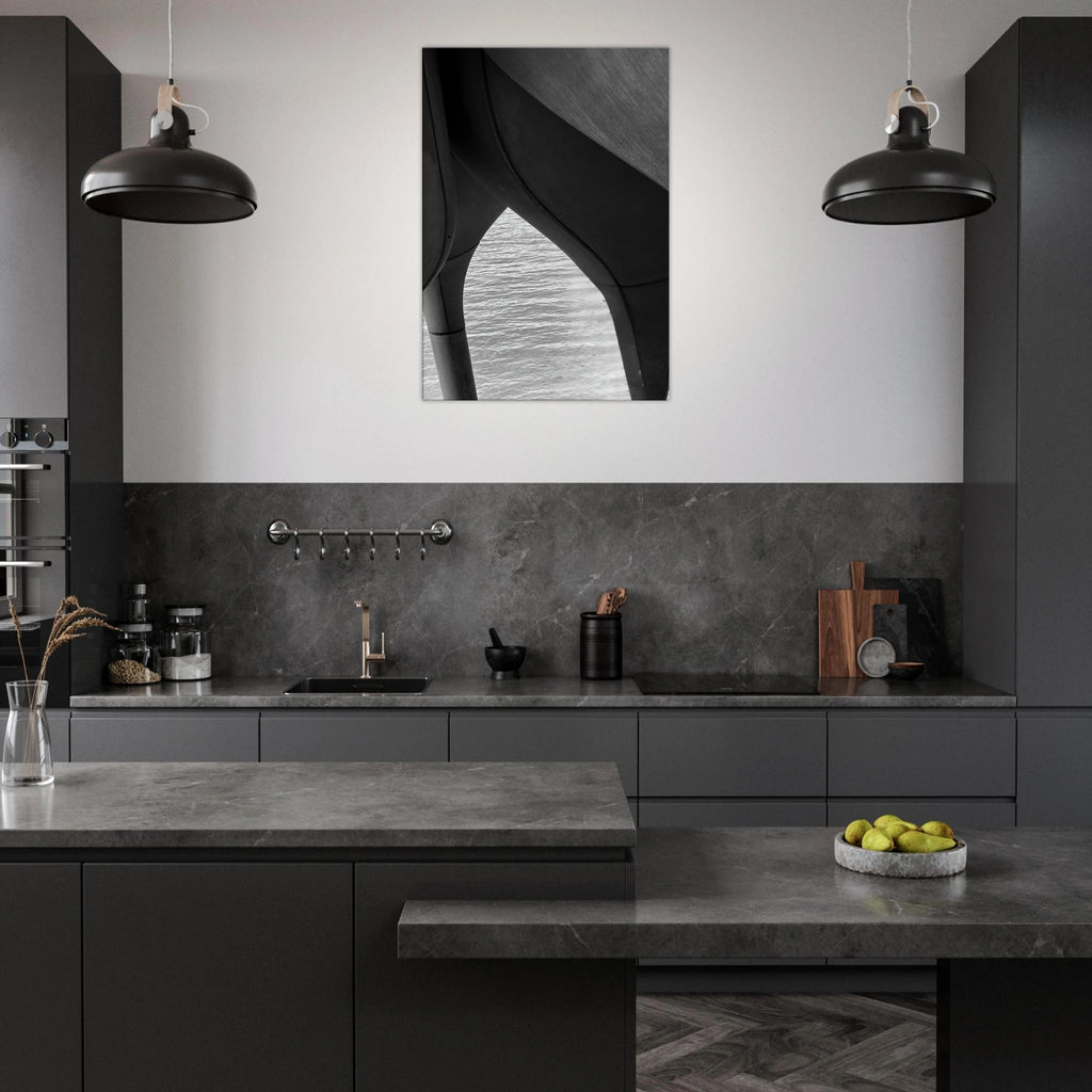 Black and white abstract canvas print featuring high heels in water, part of the NYC Hudson River Pier Travel Collection by My Store.