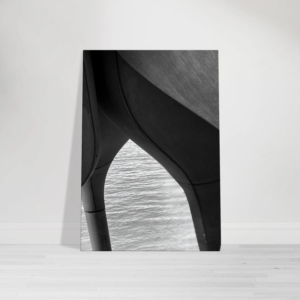 Black and white abstract canvas print featuring high heels in water at NYC Hudson River Pier, part of the Travel Collection.