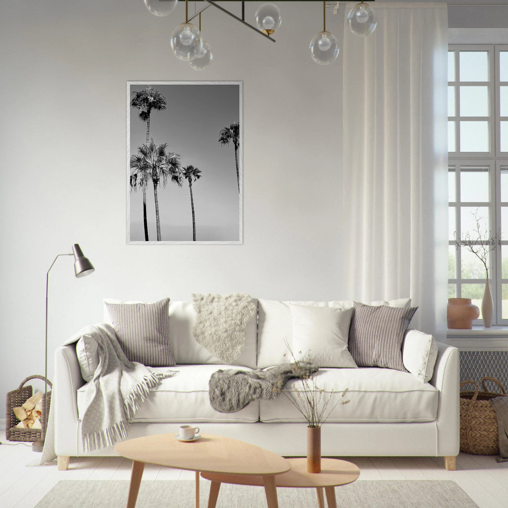 Black and white California poster art in a premium wooden frame depicting SoCal beach icons, semi-gloss finish.