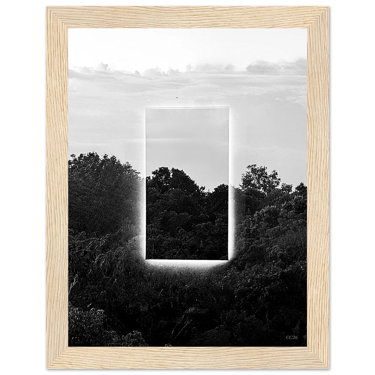 Black and white print titled "A Window into Jungle Stillness" by CaliCuration, showcasing a serene jungle view through a window.