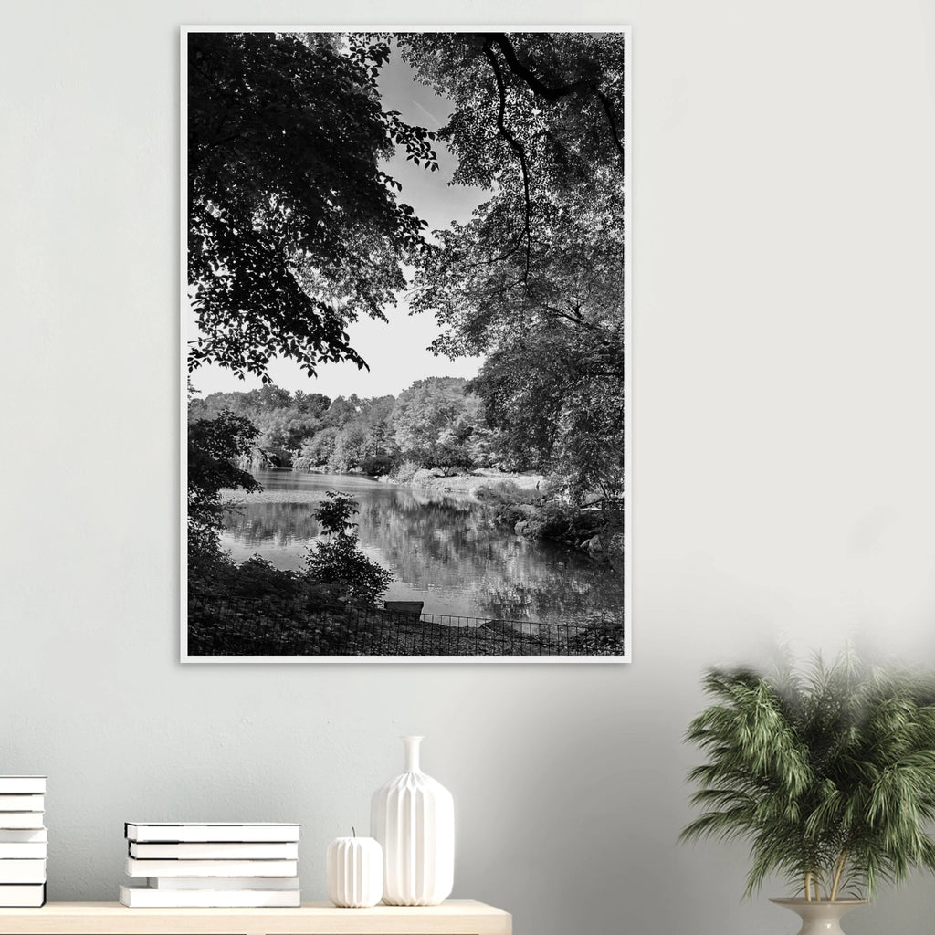 Black and white framed print of a summer lake scene from Upstate NY, part of the Studio Edition Travel Collection.