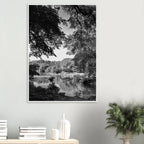 Black and white framed print of a summer lake scene from Upstate NY, part of the Studio Edition Travel Collection.