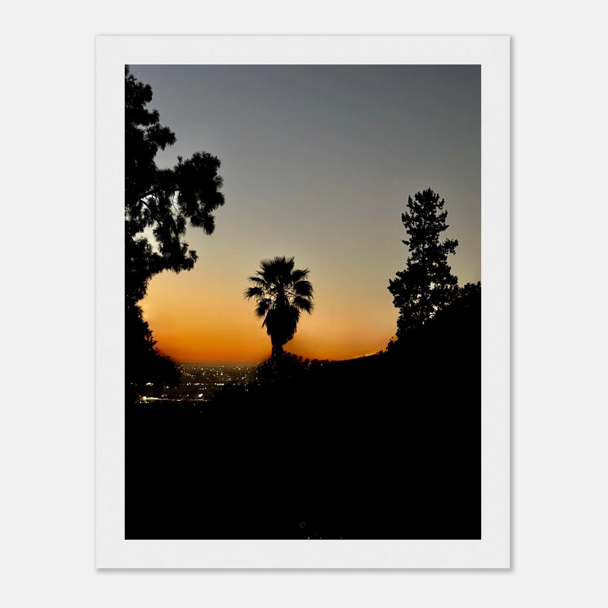 Winter Sunset Laurel Canyon Hollywood Hills framed poster featuring California sunset art, studio edition print on high-quality material.