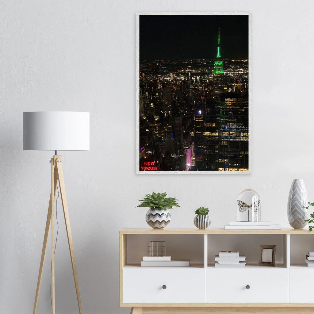 Wood mounted framed poster of NYC downtown night view featuring the Empire State Building, from the Studio Edition Travel Collection.