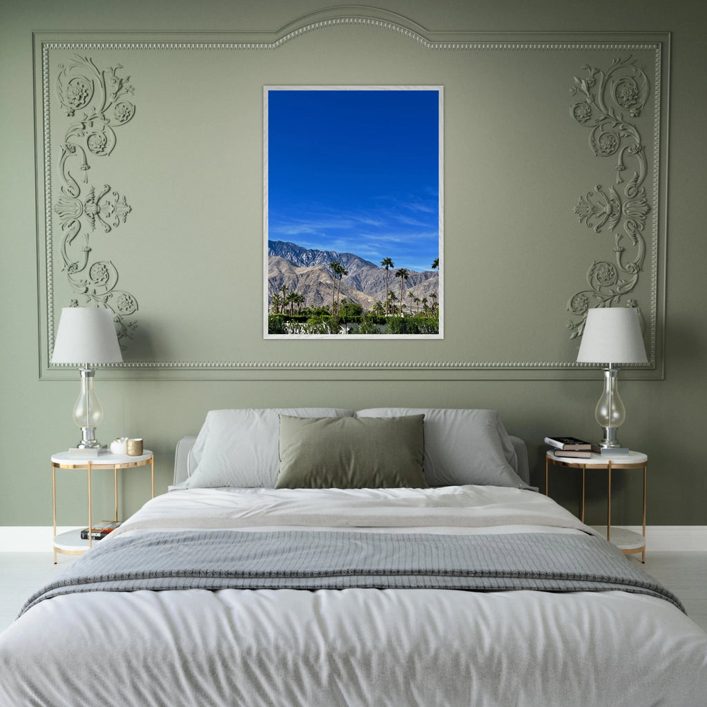 Premium wooden framed poster featuring a sunny fall day in Palm Springs, California, showcasing vibrant autumn scenery and natural details.