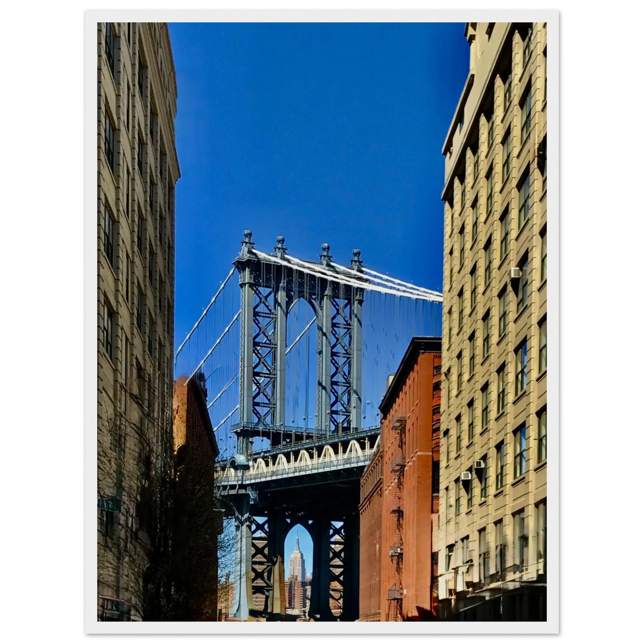 Wooden framed print of NYC Dumbo skyline with spring scenery, from CaliCuration's travel collection wall art.