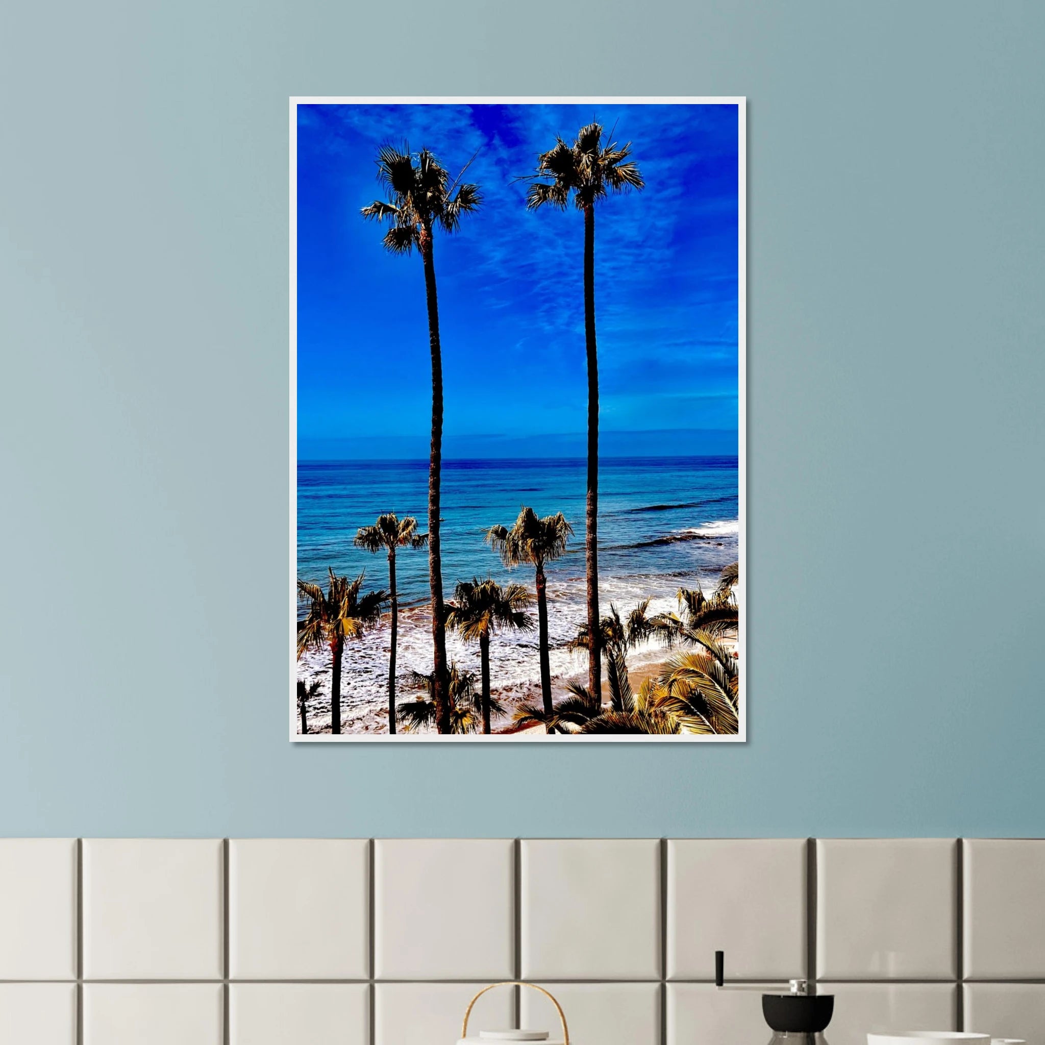 Malibu palm tree family art print framed poster by CaliCuration, California scenery, spring '26 studio edition, vibrant wall decor.