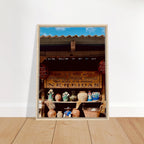 Colorful framed canvas print of Oaxaca street fair scene from CaliCuration's Mexico travel collection, spring 2026 studio edition.