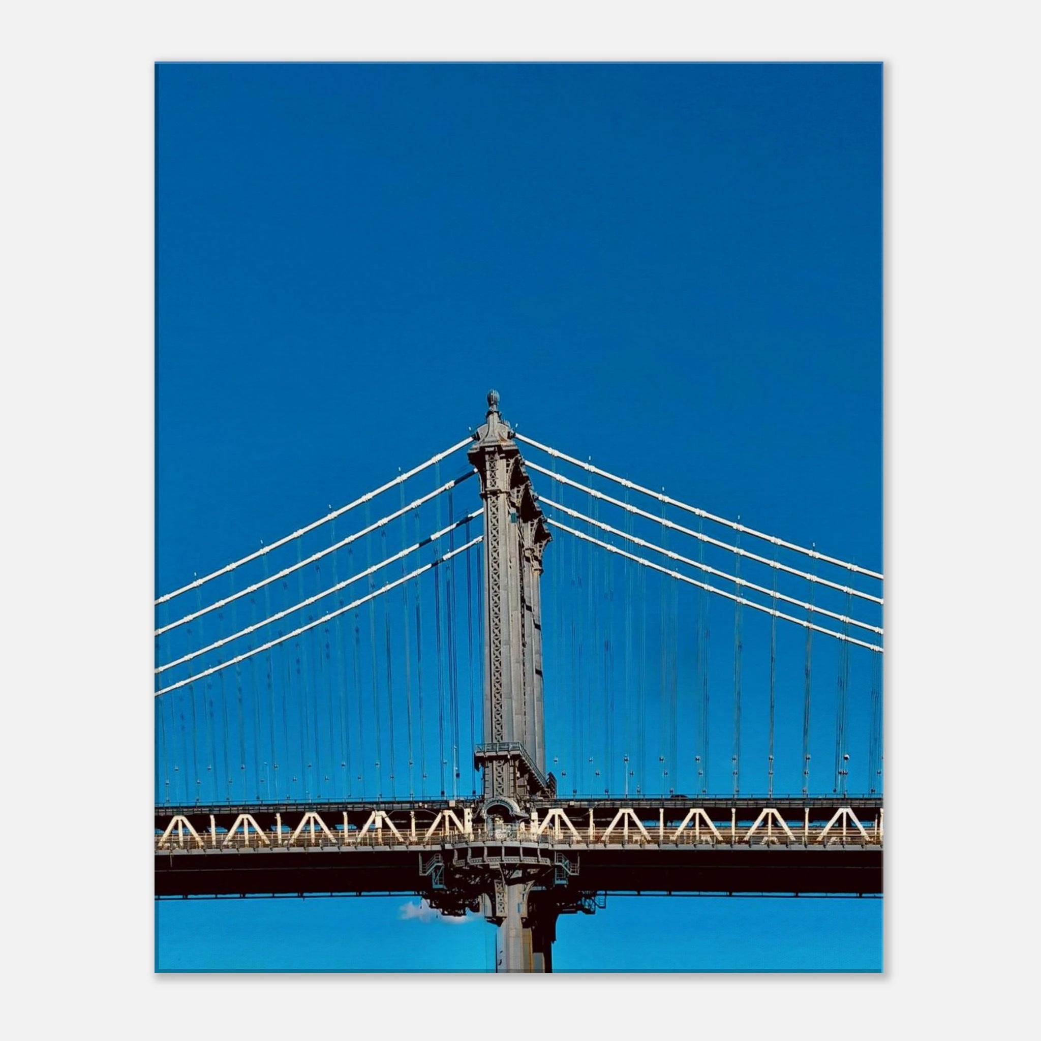 Sunny winter day canvas print of Manhattan Bridge in NYC, featuring vibrant colors and detailed cityscape artwork.