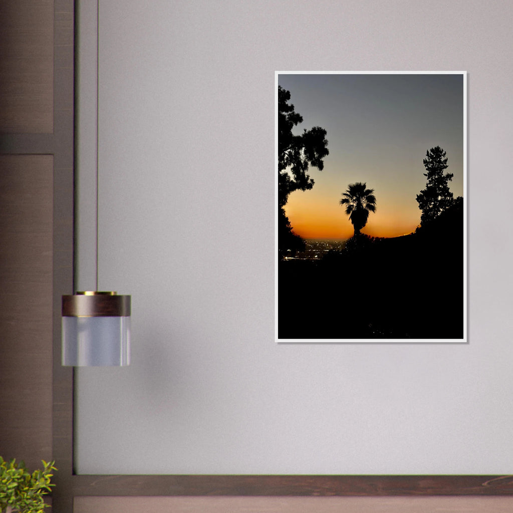 Winter Sunset Laurel Canyon Hollywood Hills framed poster featuring California sunset art, studio edition print on high-quality material.