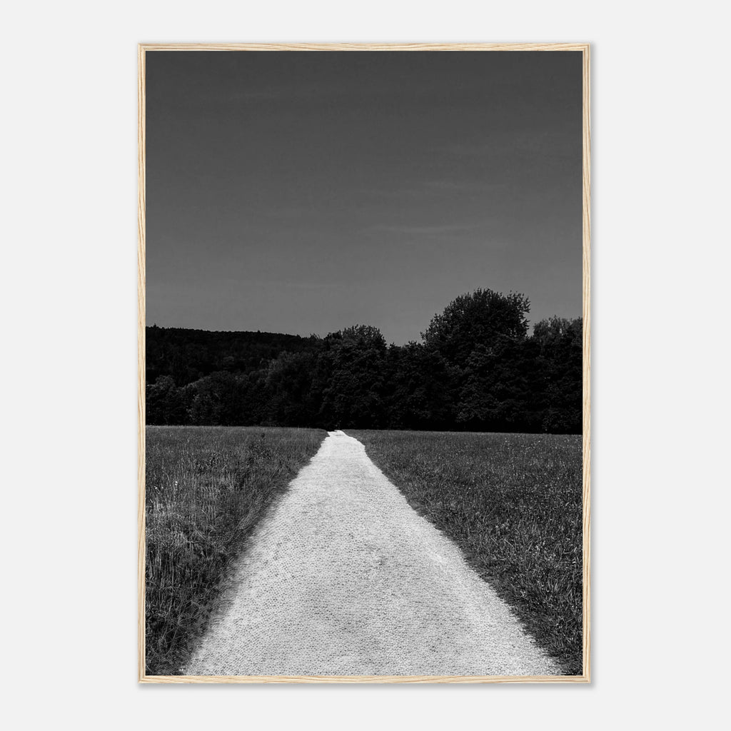 Black and white framed poster featuring a summer road scene from the Travel Collection print on semi-glossy paper.