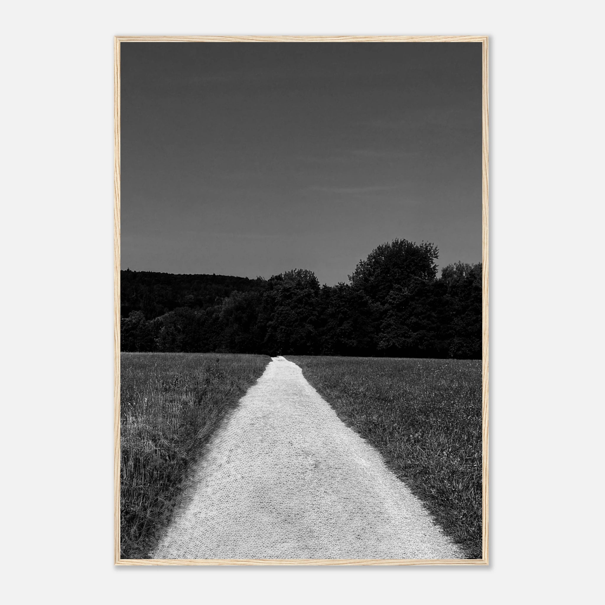 Black and white framed poster featuring a summer road scene from the Travel Collection print on semi-glossy paper.