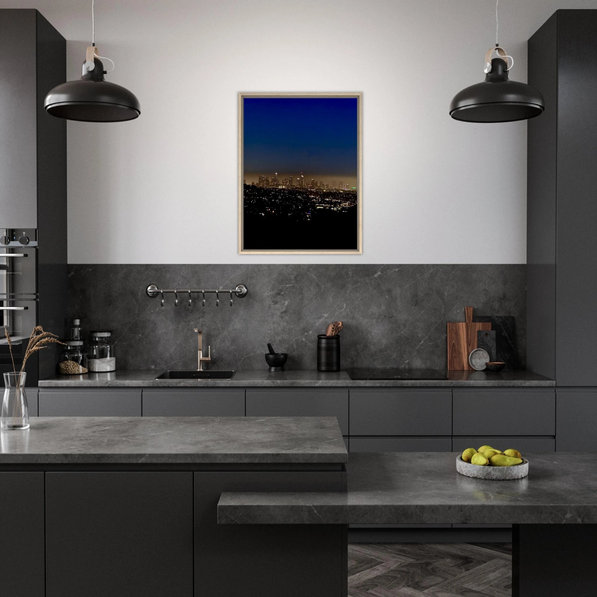 Premium wooden framed canvas print of Los Angeles Downtown night glow, elegant home wall art, California studio edition.