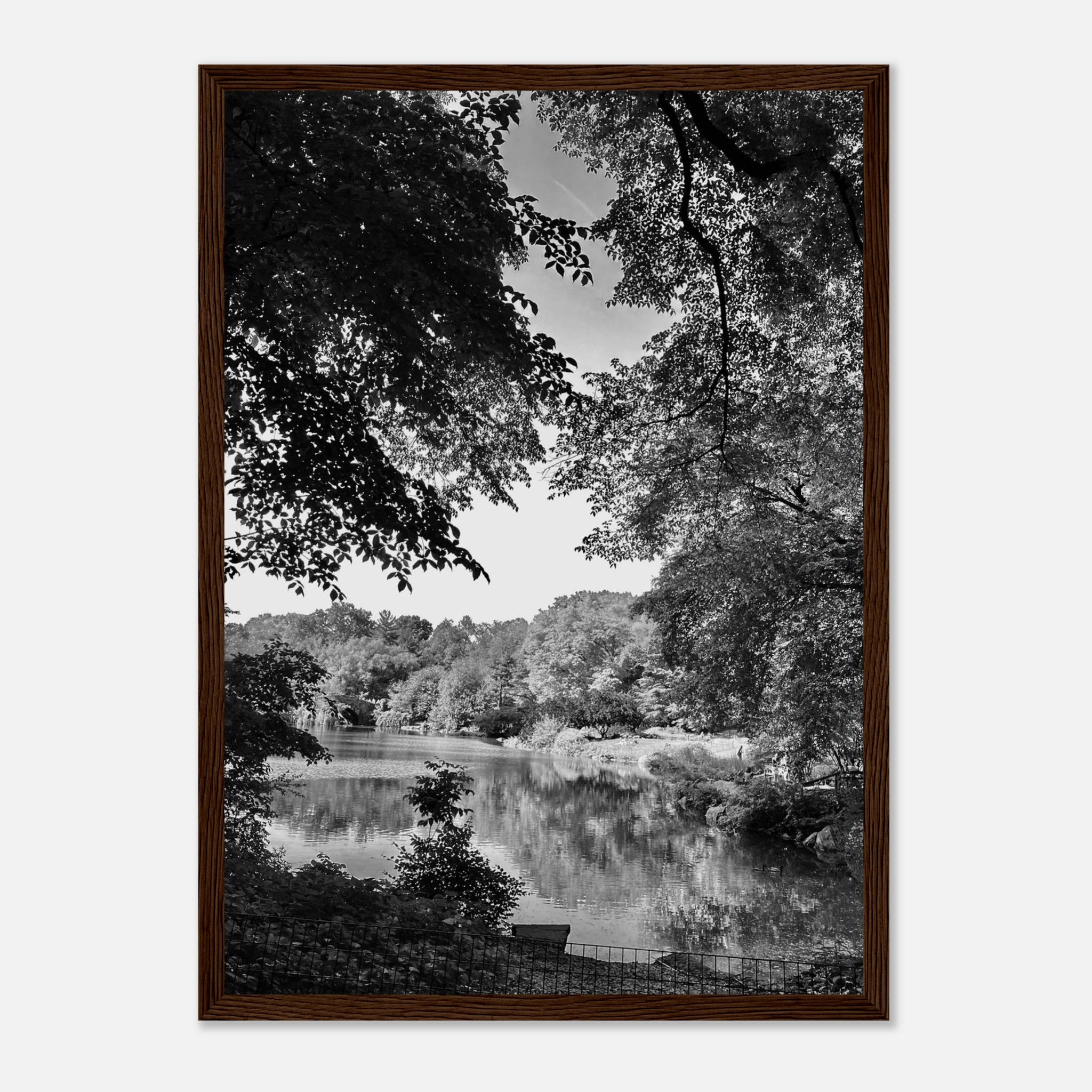 Black and white framed print of a summer lake in Upstate New York, part of the Studio Edition Travel Collection.
