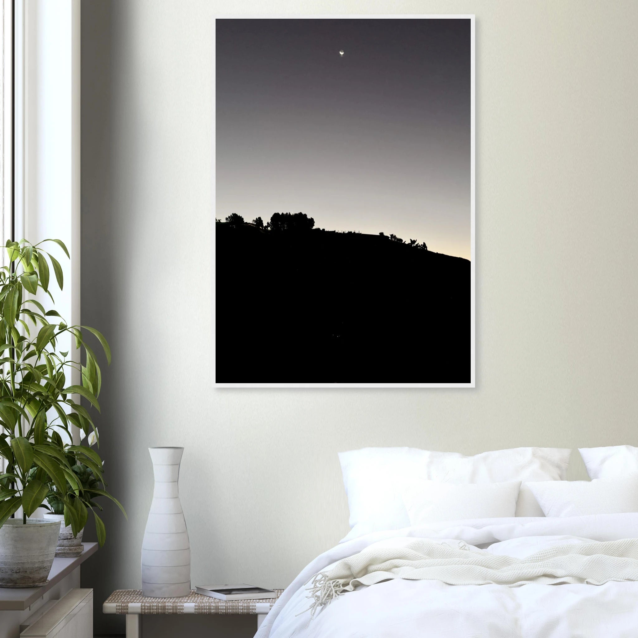 Wooden framed semi-glossy poster of a black and white Hollywood Hills moonrise scene, California art studio edition print.