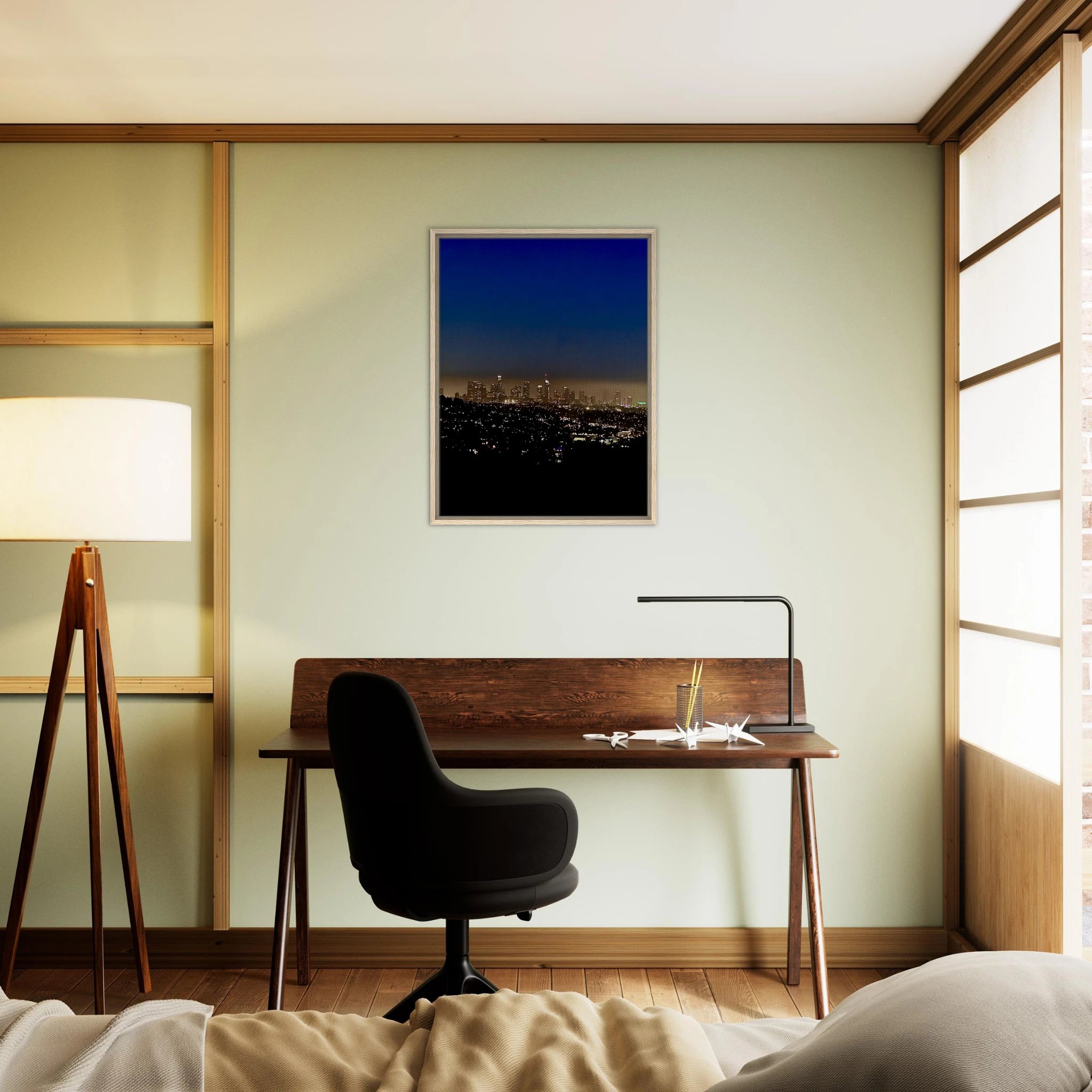 Premium wooden framed canvas print of Los Angeles Downtown Nightglow, elegant home wall art, California Studio Edition.