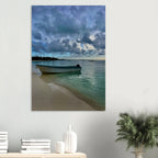 Brushed aluminum print of a tranquil Tulum fisherboat on a calm Caribbean beach, part of the CaliCuration travel collection.