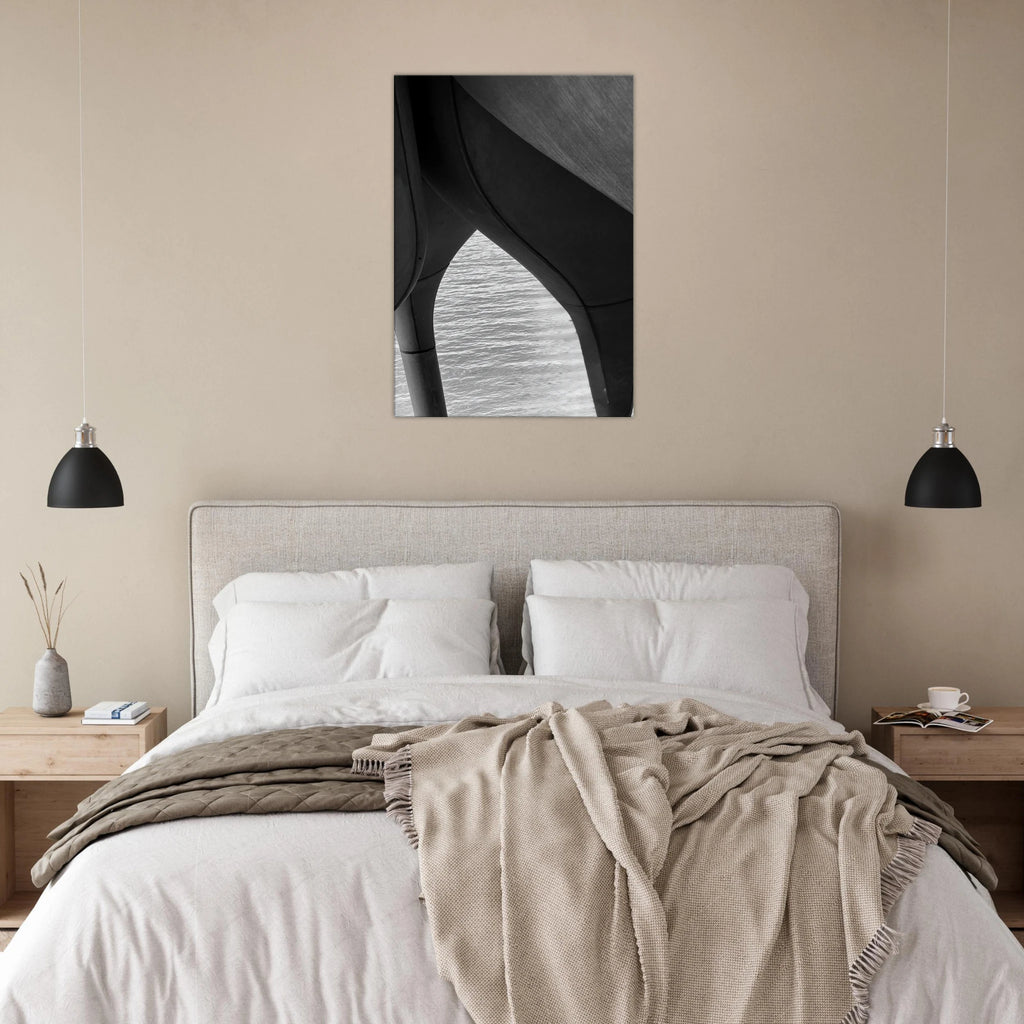 Black and white art print of high heels in water, featuring NYC Hudson River Pier abstract design from the Travel Collection.