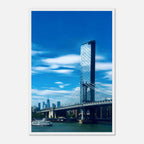 Framed NYC Manhattan Bridge and East River urban photography print, showcasing iconic New York City skyline and bridge details.