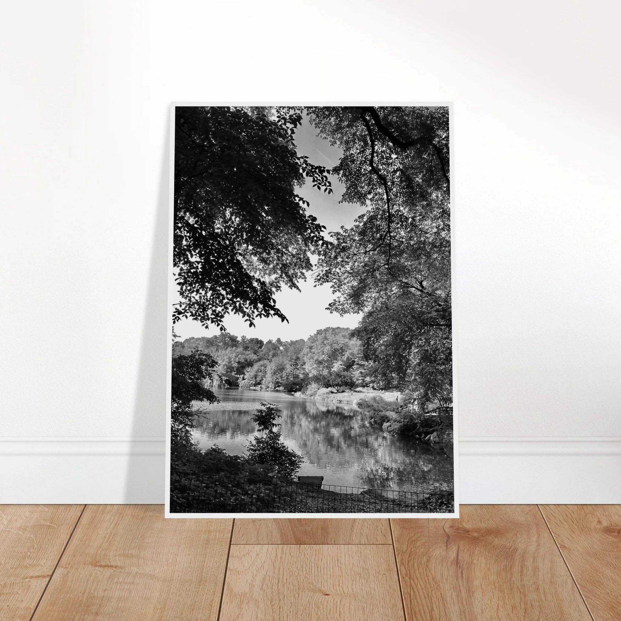 Black and white framed print of Upstate NY summer lake scene from the Studio Edition Travel Collection, perfect for home decor.