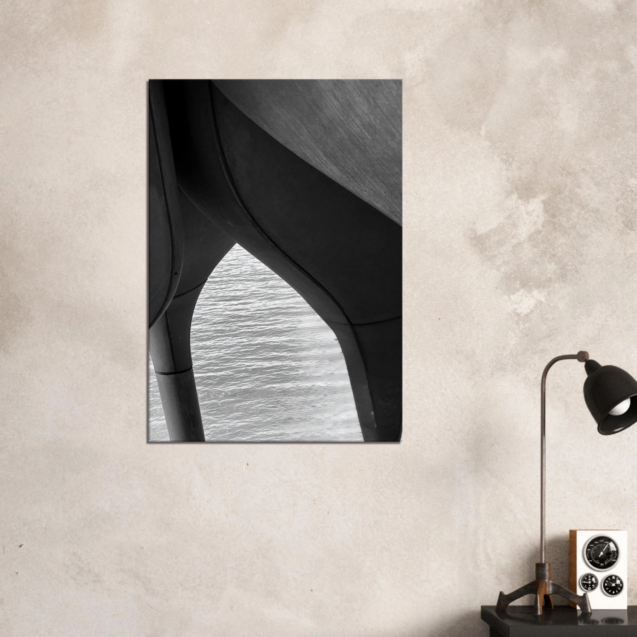 Black and white abstract canvas print of NYC Hudson River pier with high heels in water from the Travel Collection, Studio Edition.