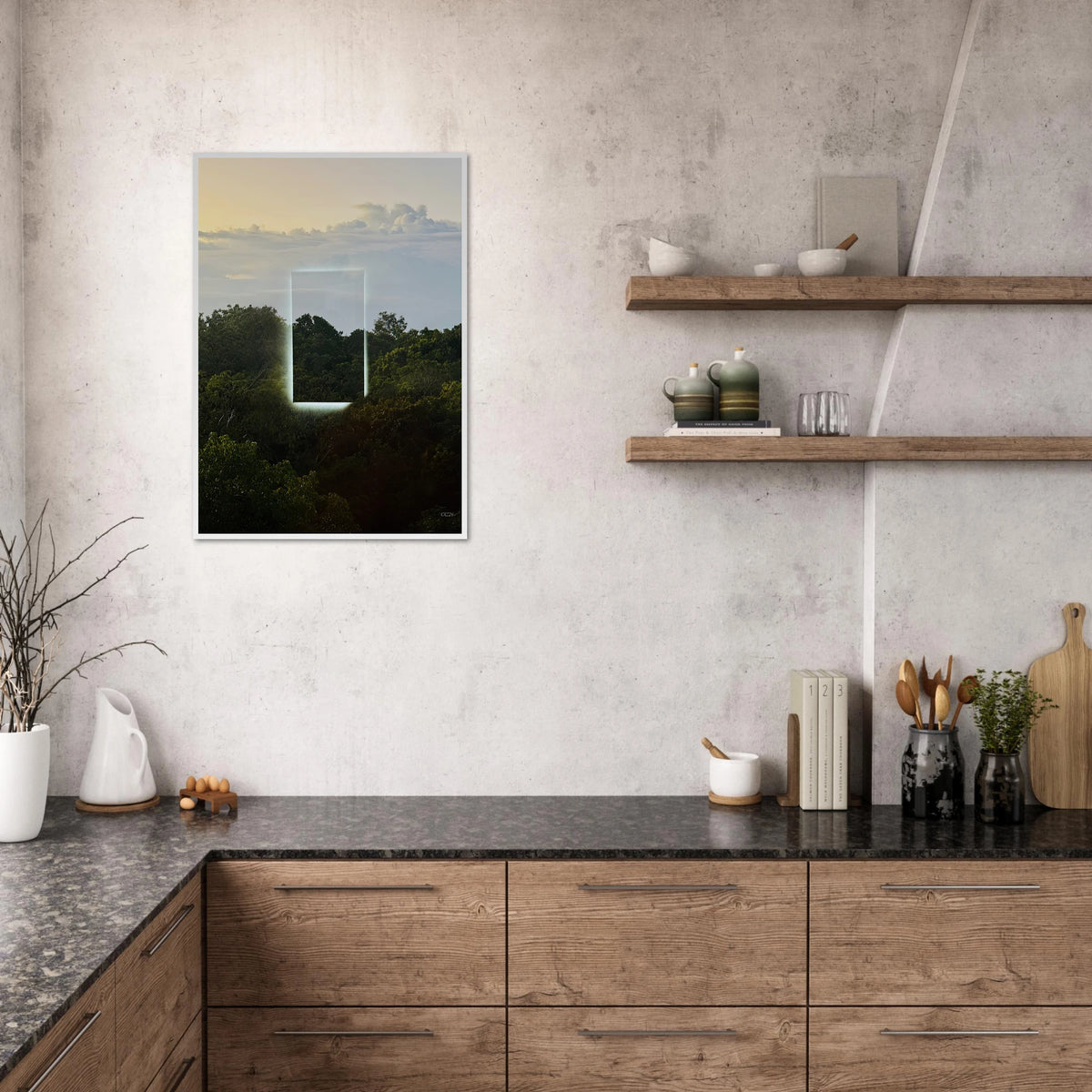 Color print by CaliCuration titled "A Window into Jungle Stillness," showcasing a serene jungle scene in vibrant colors.