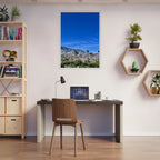 Premium wooden framed poster featuring a sunny fall day in Palm Springs, California, showcasing vibrant autumn scenery print art.