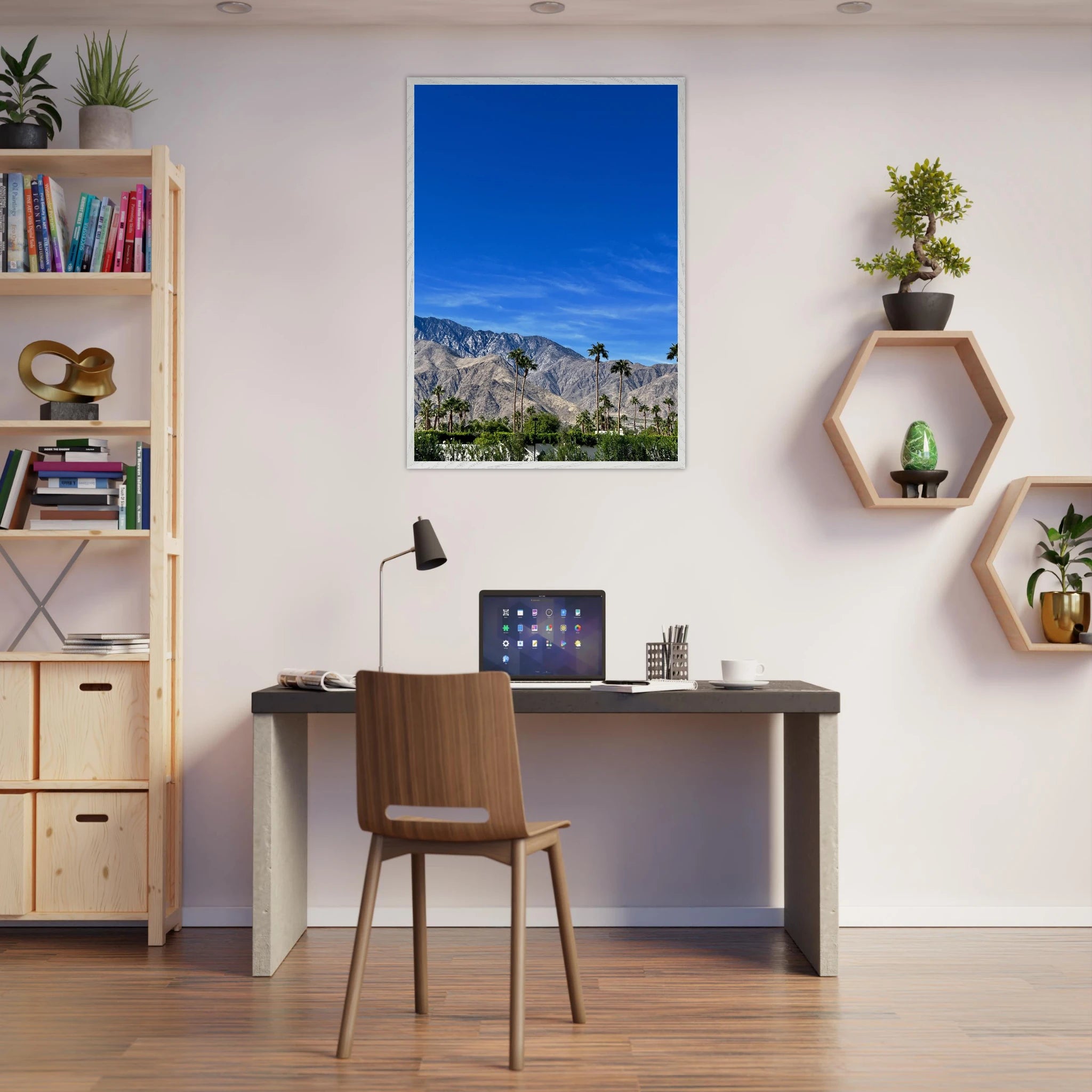 Premium wooden framed poster featuring a sunny fall day in Palm Springs, California, showcasing vibrant autumn scenery print art.