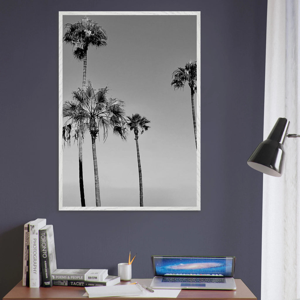 Black and white California poster art in a premium wooden frame featuring SoCal beach icons from the Studio Edition.