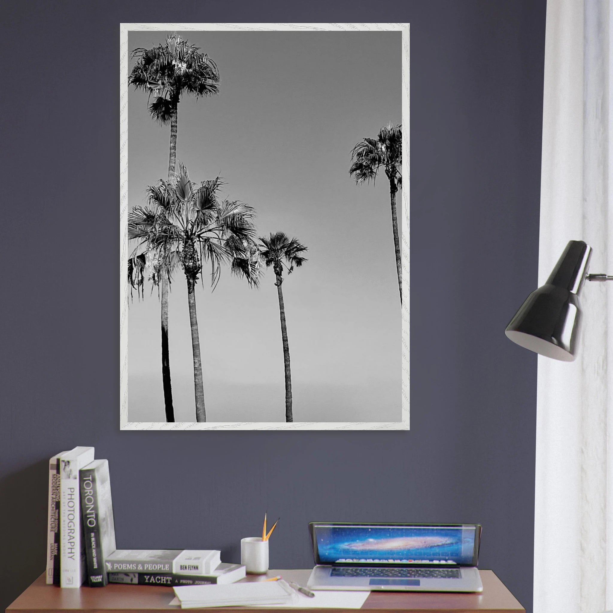 Black and white California poster art in a premium wooden frame featuring SoCal beach icons from the Studio Edition.