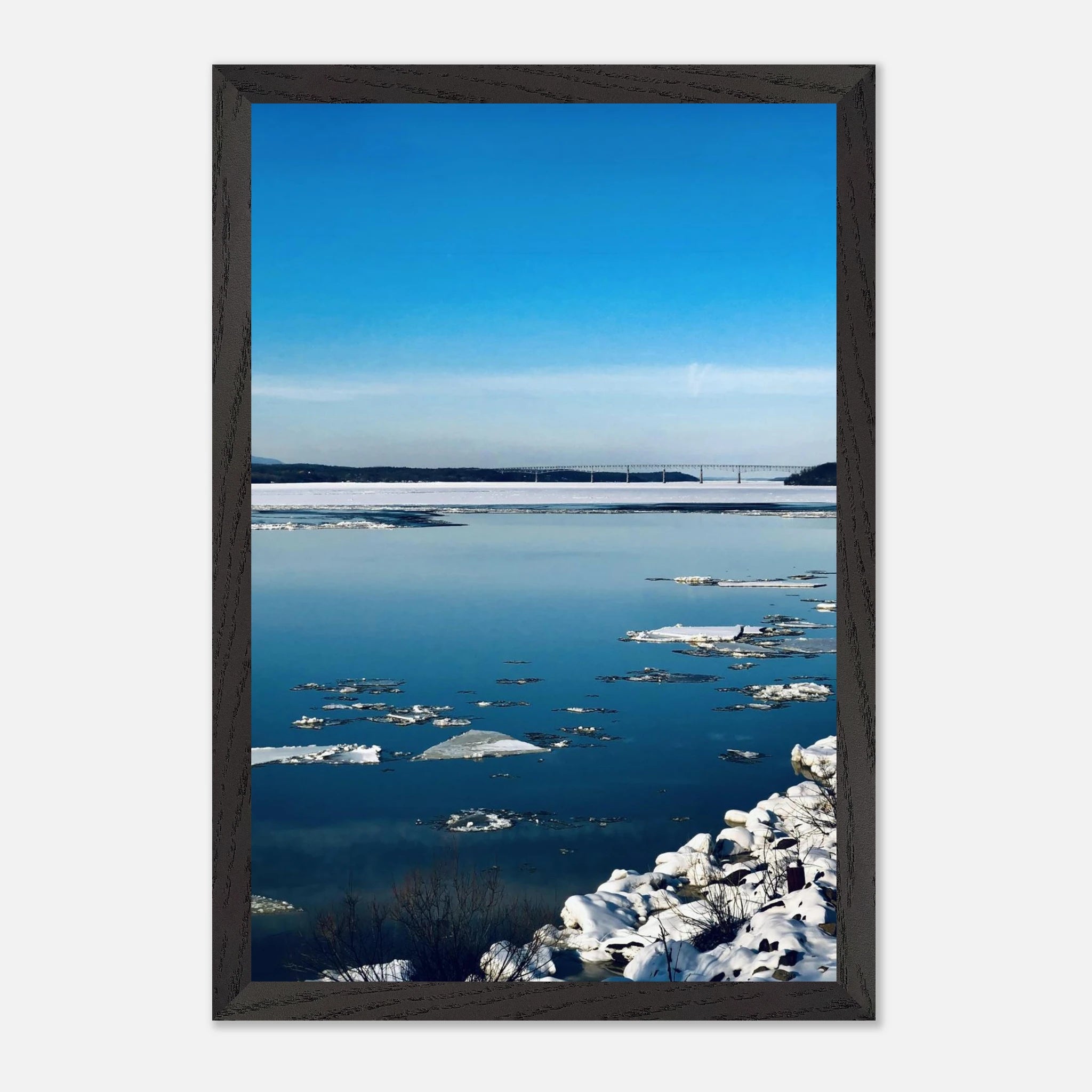 Wooden framed Hudson Valley Winter poster print featuring snowy landscape, part of the Studio Edition Travel Collection.