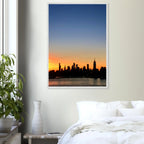 Wooden framed Manhattan Skyline sunset poster, travel-themed wall art print from My Store's holiday collection.