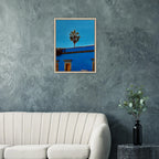 Oaxaca streets with palm trees in blue framed canvas artwork by CaliCuration, vibrant travel-themed print from Mexico collection.