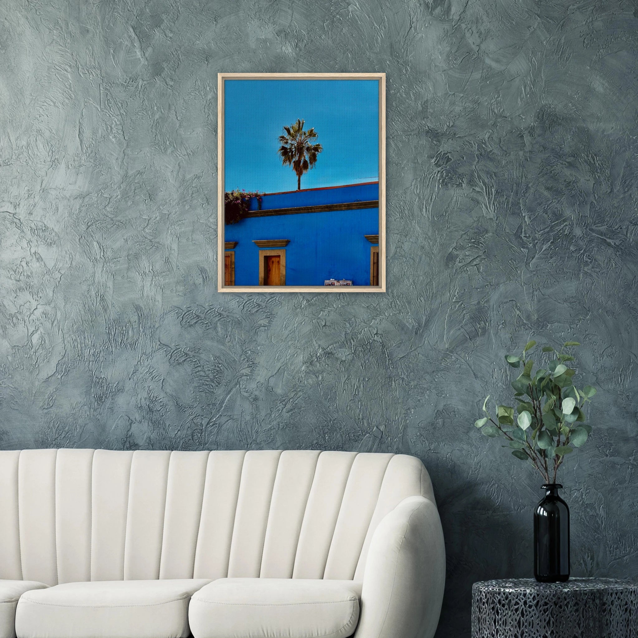 Oaxaca streets with palm trees in blue framed canvas artwork by CaliCuration, vibrant travel-themed print from Mexico collection.