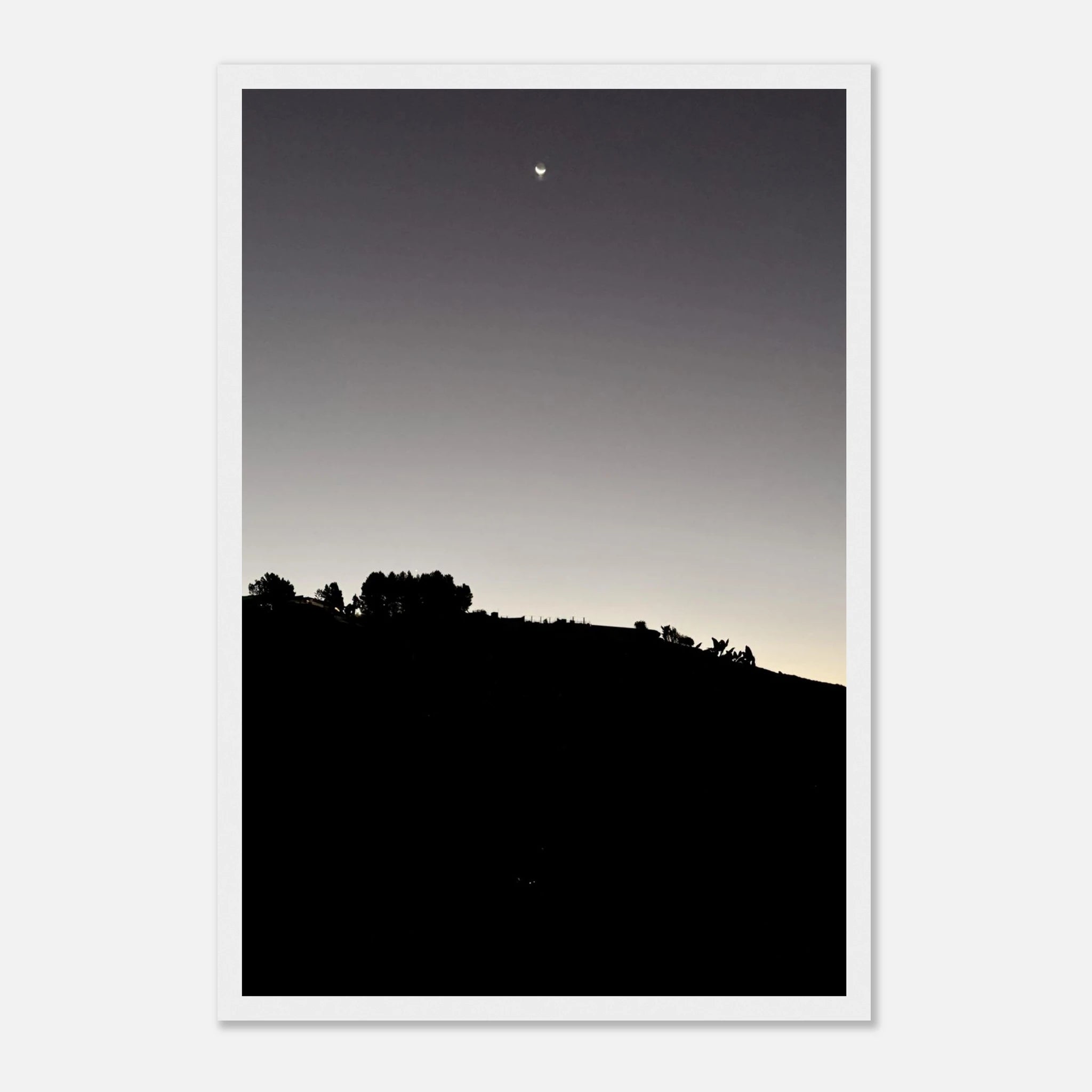 Wooden framed semi-glossy poster of Hollywood Hills black and white series, featuring California sunset scene, studio edition print.