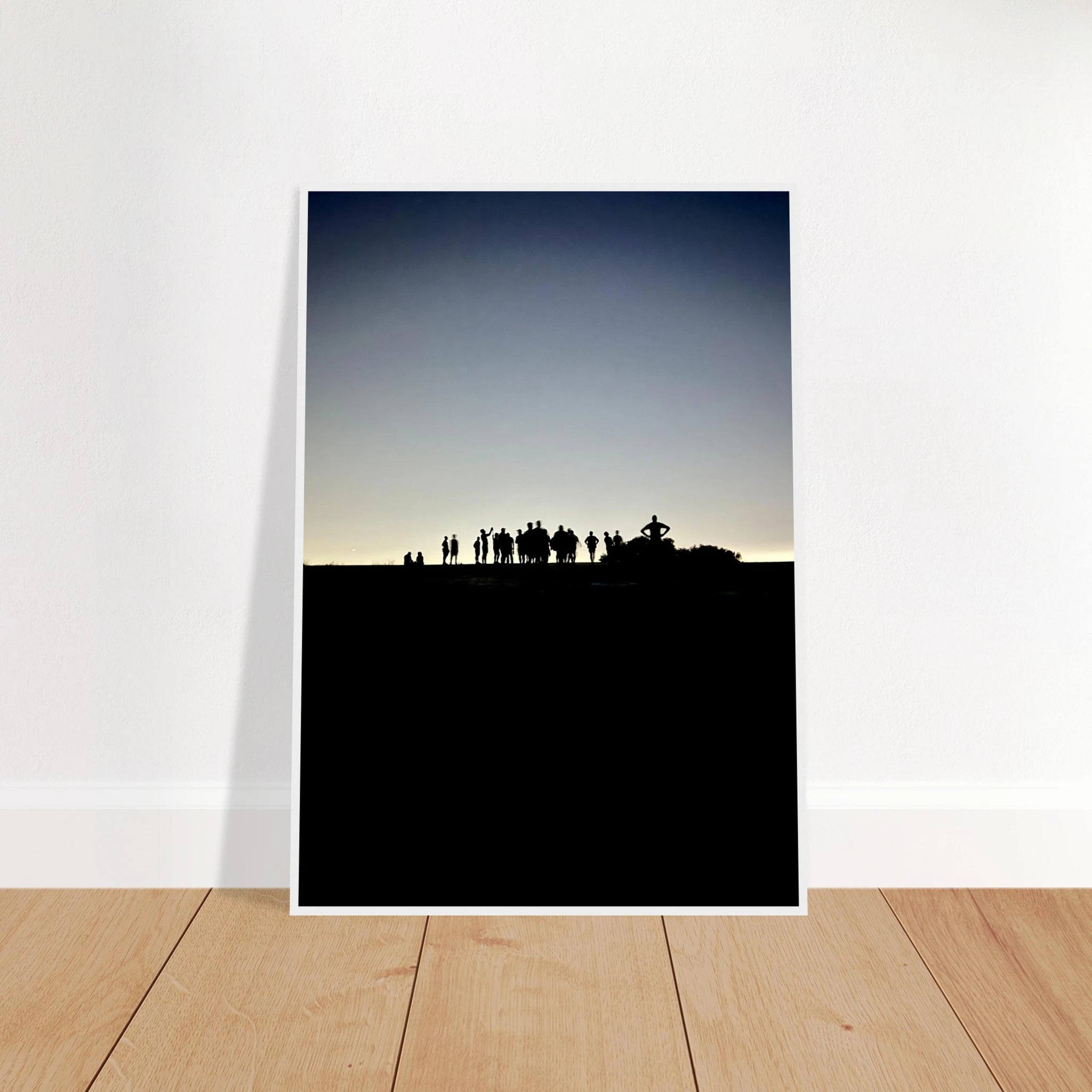 Black and white framed print of Hollywood Hills with city lights, featuring California poster art from the Summer Hike series.