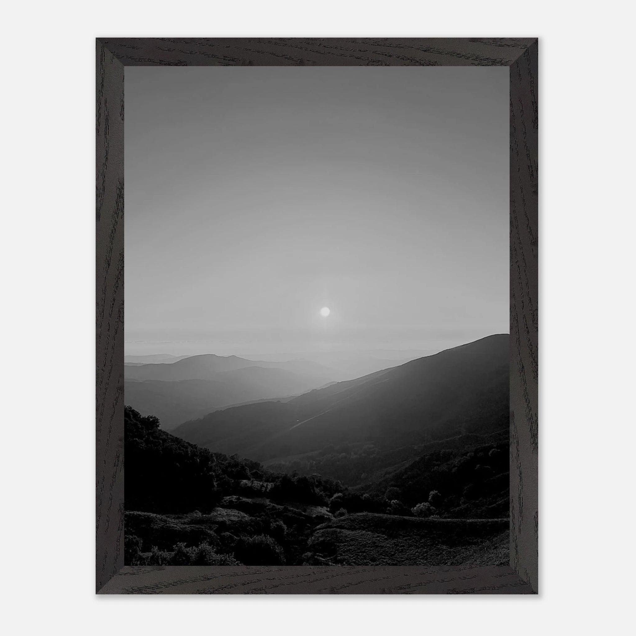 Black and white mounted framed poster of California Central Coast sunset from the Studio Edition travel collection, print material.