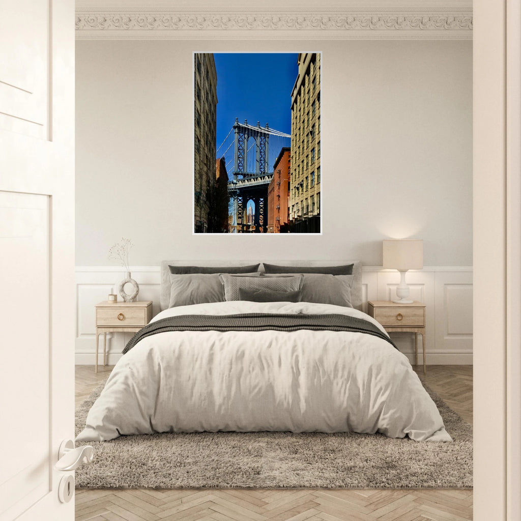 Wooden framed print of NYC Dumbo skyline, Spring Day decor wall art from CaliCuration’s Travel Collection, studio edition.