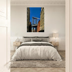 Wooden framed print of NYC Dumbo skyline, Spring Day decor wall art from CaliCuration’s Travel Collection, studio edition.