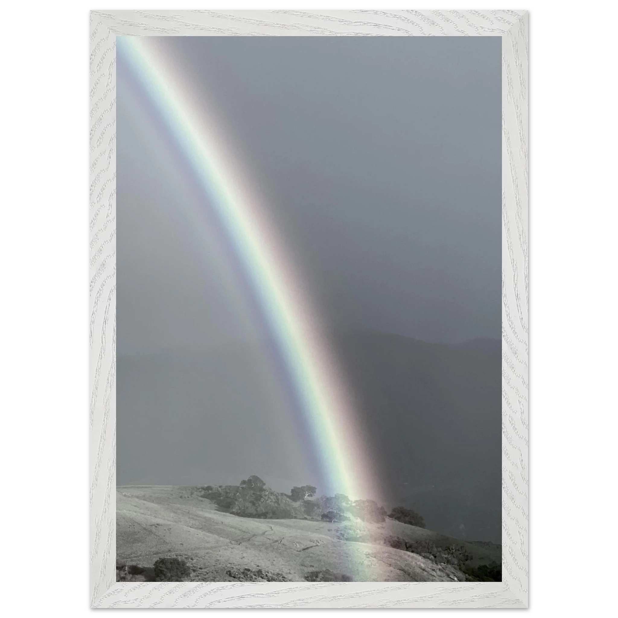 Black and white mounted framed poster of a post-summer storm rainbow from the California Central Coast, part of the Studio Edition print collection.