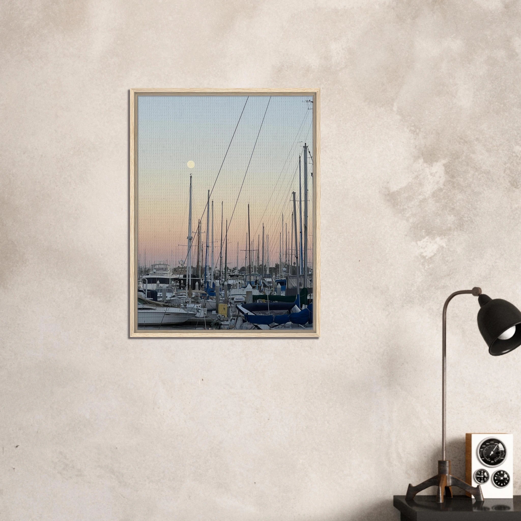 Framed canvas print of a summer evening marina scene in Marina Del Rey, CA with nautical and chic tones, California Canvas Studio Edition