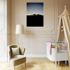 Black and white framed print of Hollywood Hills with city lights, part of the Summer Hike California poster art series.