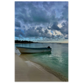 Brushed aluminum print of Idyllic Tulum Fisherboat scene featuring calm Caribbean beach art from CaliCuration's travel collection.