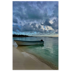 Brushed aluminum print of Idyllic Tulum Fisherboat scene featuring calm Caribbean beach art from CaliCuration's travel collection.