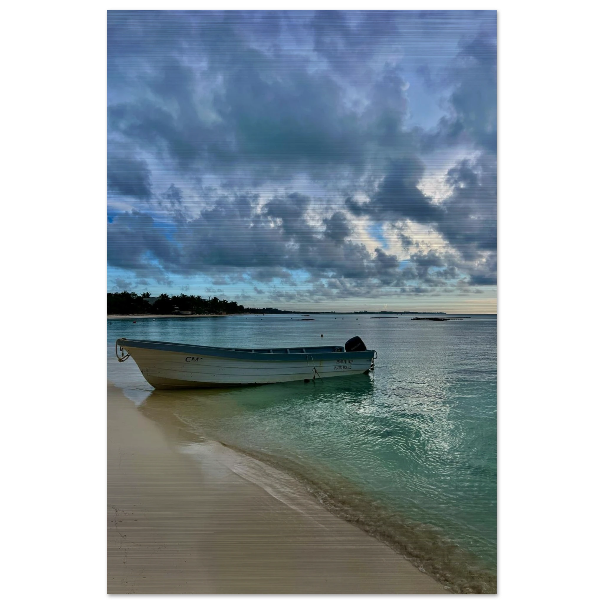 Brushed aluminum print of Idyllic Tulum Fisherboat scene featuring calm Caribbean beach art from CaliCuration's travel collection.