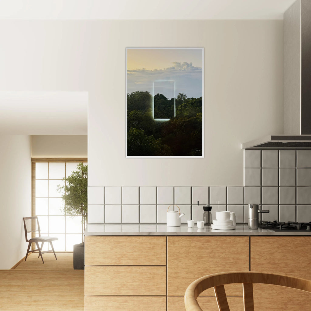 Color print titled "A Window into Jungle Stillness" by CaliCuration, showcasing a serene jungle scene on high-quality print material.