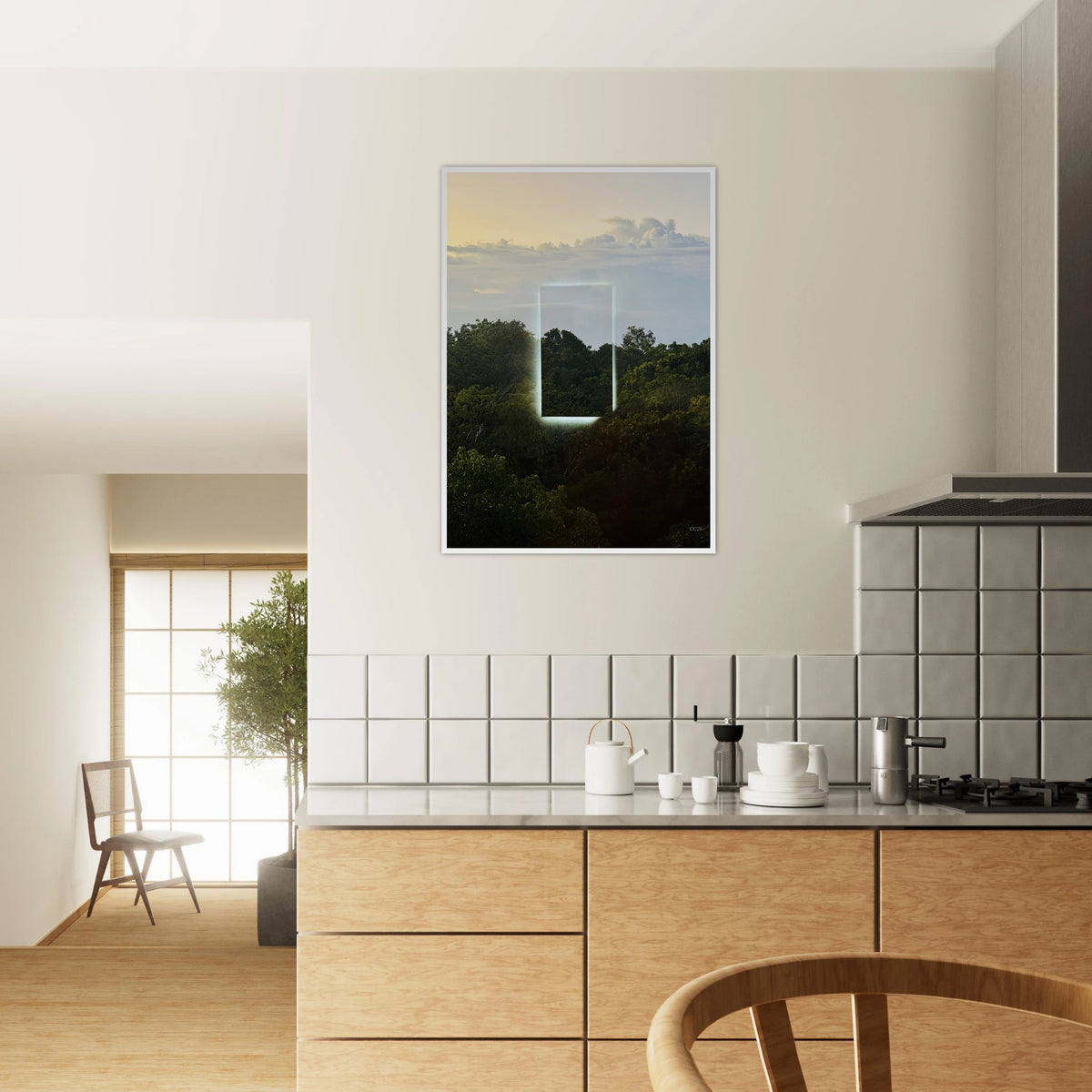 Color print titled "A Window into Jungle Stillness" by CaliCuration, showcasing a serene jungle scene on high-quality print material.